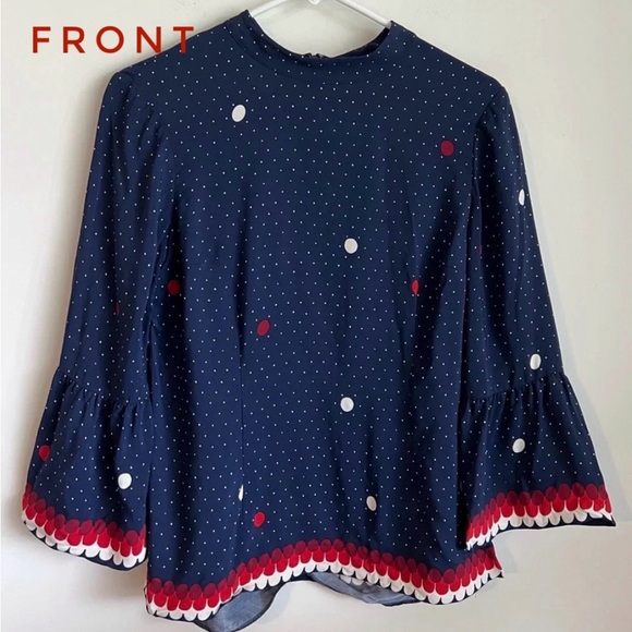 Boden Tops - Boden navy polka dot high neck flounce sleeve blouse size 4
